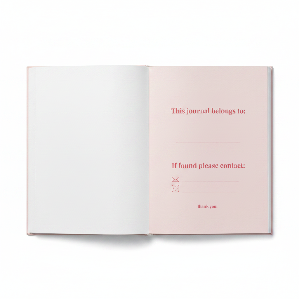 Open journal showing first spread — blank white inside cover and This journal belongs to page in blush pink